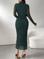 Long Sleeve Stand Collar Mesh Contrast Pleated Elegant Dress