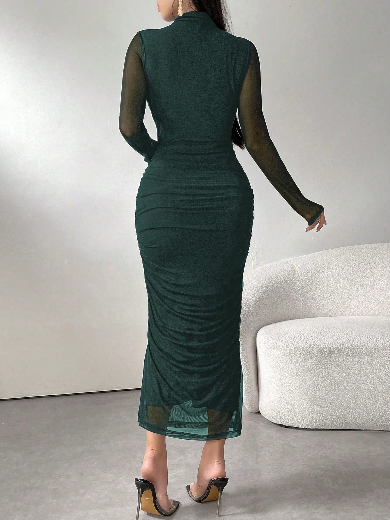 Long Sleeve Stand Collar Mesh Contrast Pleated Elegant Dress