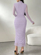 Long Sleeve Stand Collar Mesh Contrast Pleated Elegant Dress