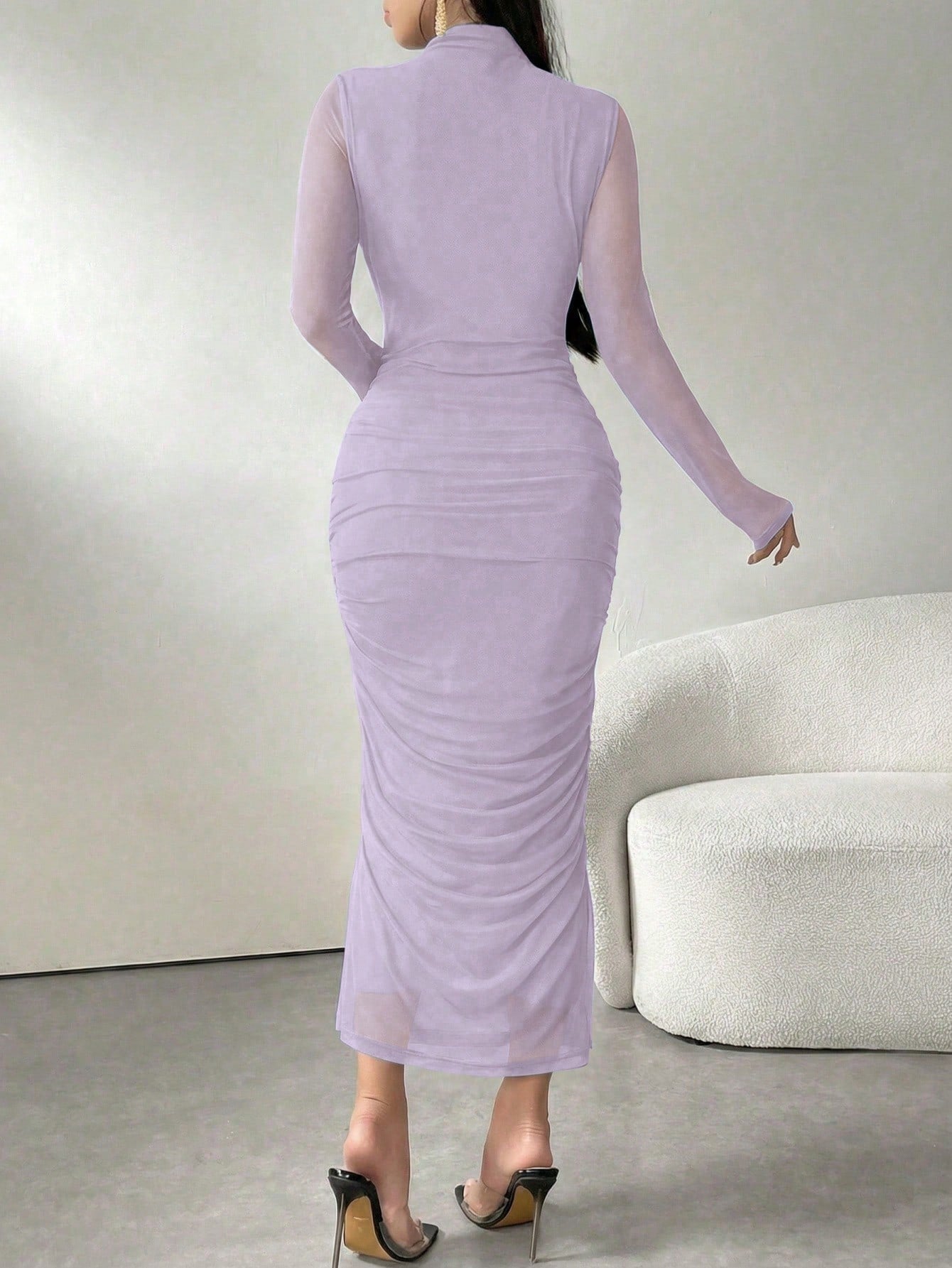 Long Sleeve Stand Collar Mesh Contrast Pleated Elegant Dress