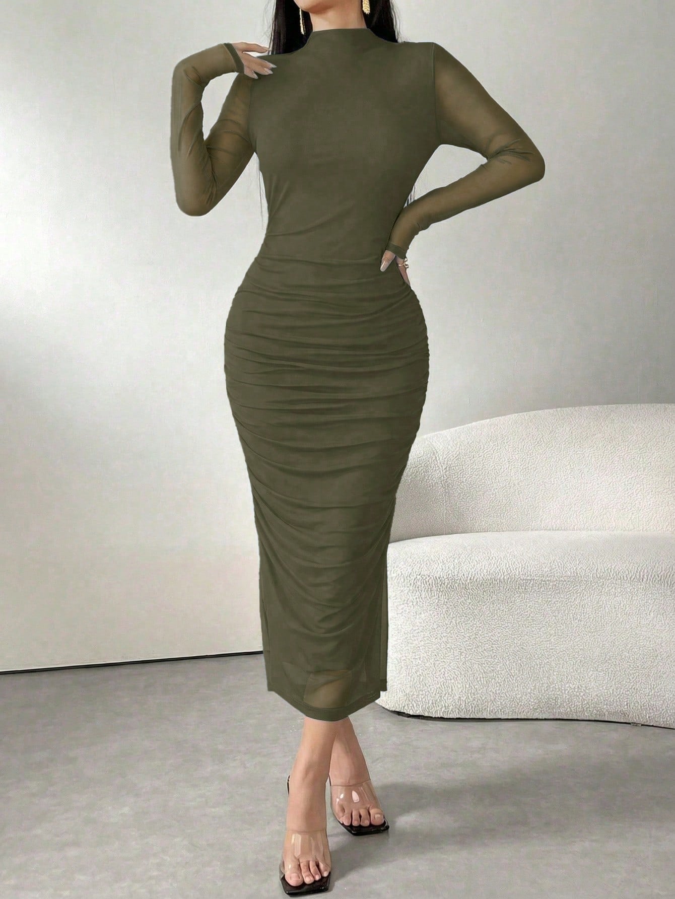 Long Sleeve Stand Collar Mesh Contrast Pleated Elegant Dress