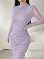 Long Sleeve Stand Collar Mesh Contrast Pleated Elegant Dress