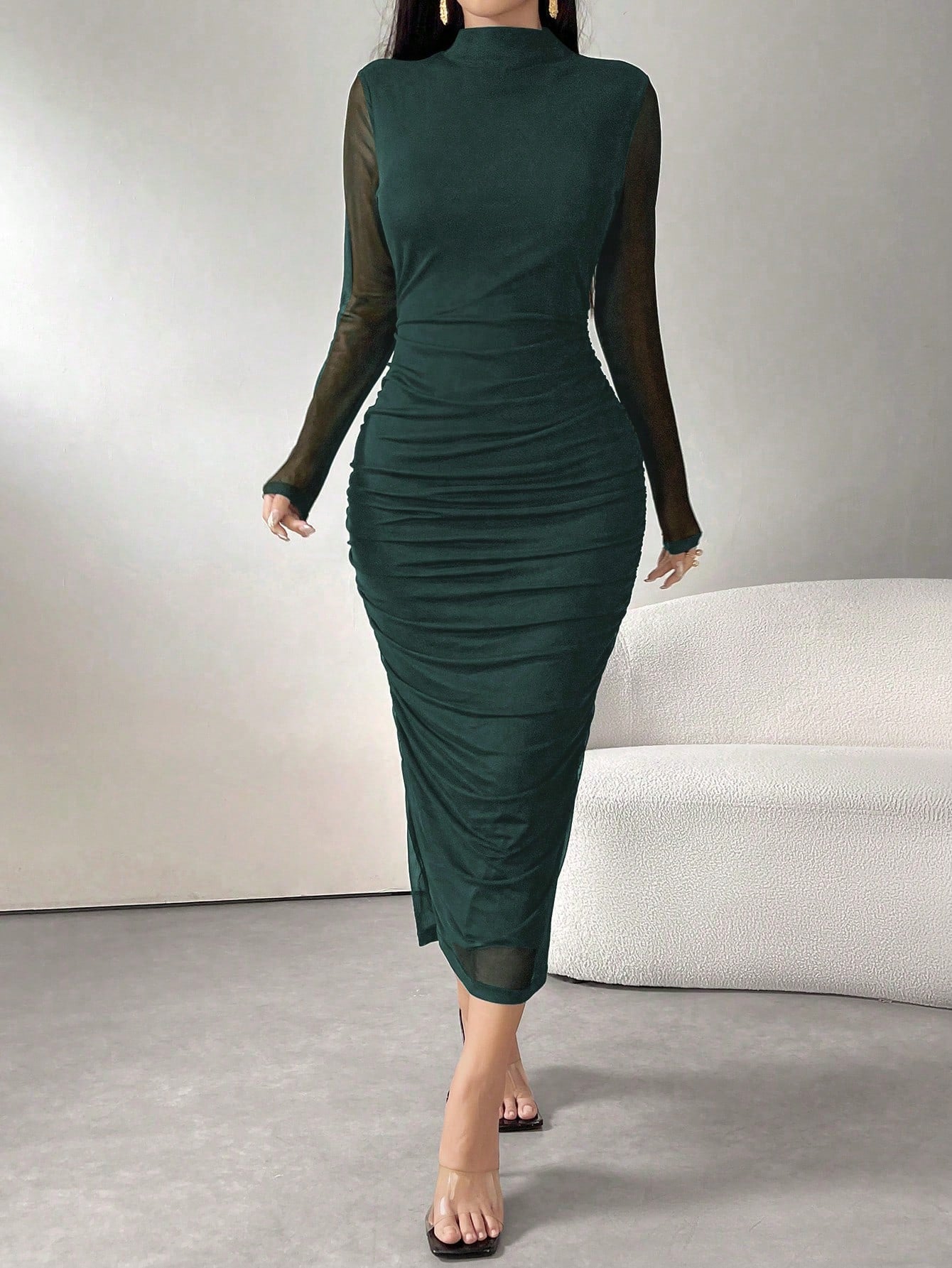 Long Sleeve Stand Collar Mesh Contrast Pleated Elegant Dress