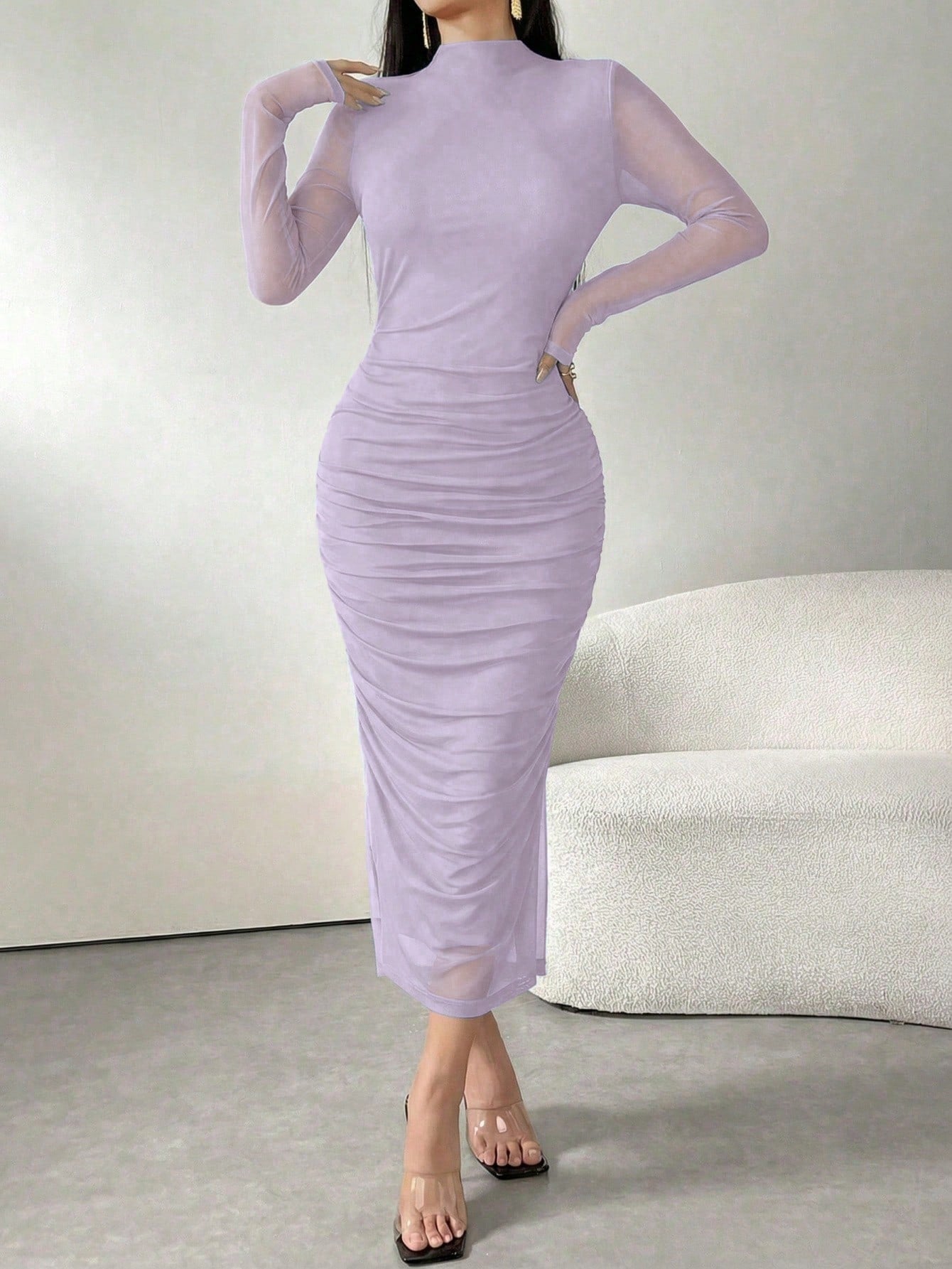 Long Sleeve Stand Collar Mesh Contrast Pleated Elegant Dress