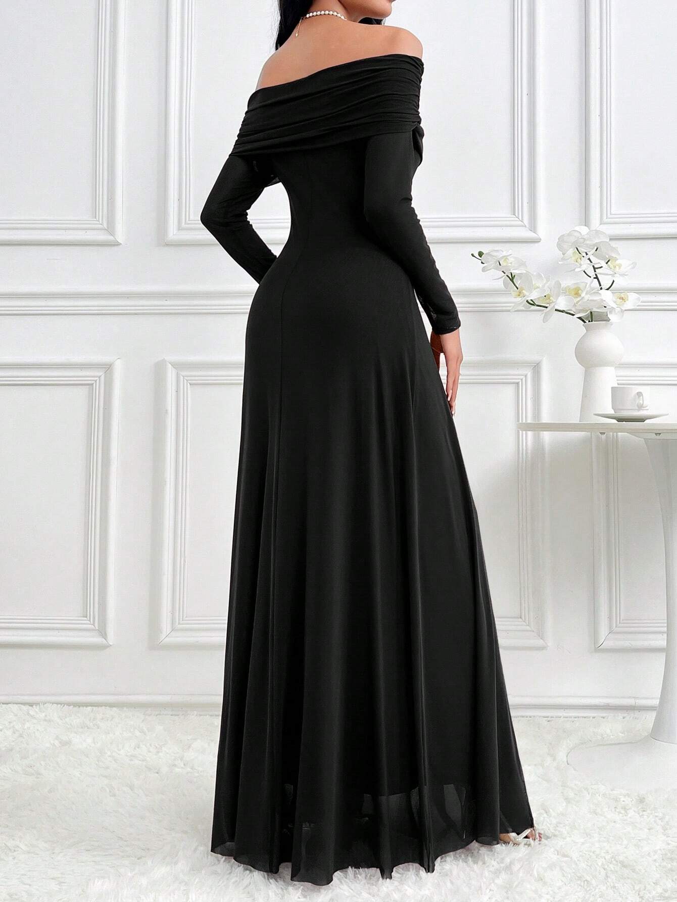 Modelyn Women's Solid Color Off Shoulder Long Sleeve Slim Fit Dress shein