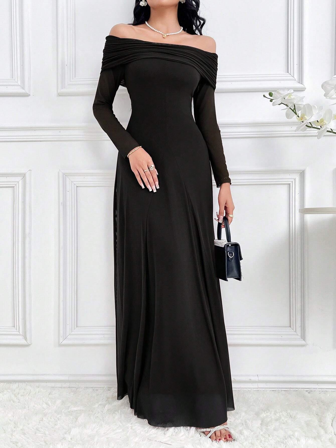 Modelyn Women's Solid Color Off Shoulder Long Sleeve Slim Fit Dress shein