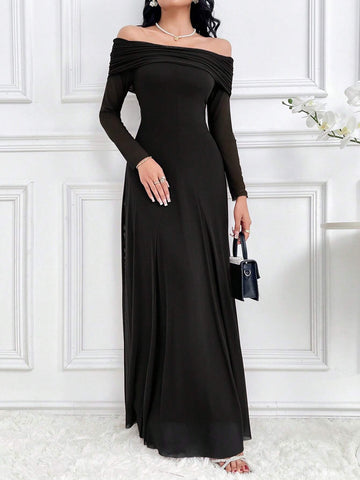 Modelyn Women's Solid Color Off Shoulder Long Sleeve Slim Fit Dress