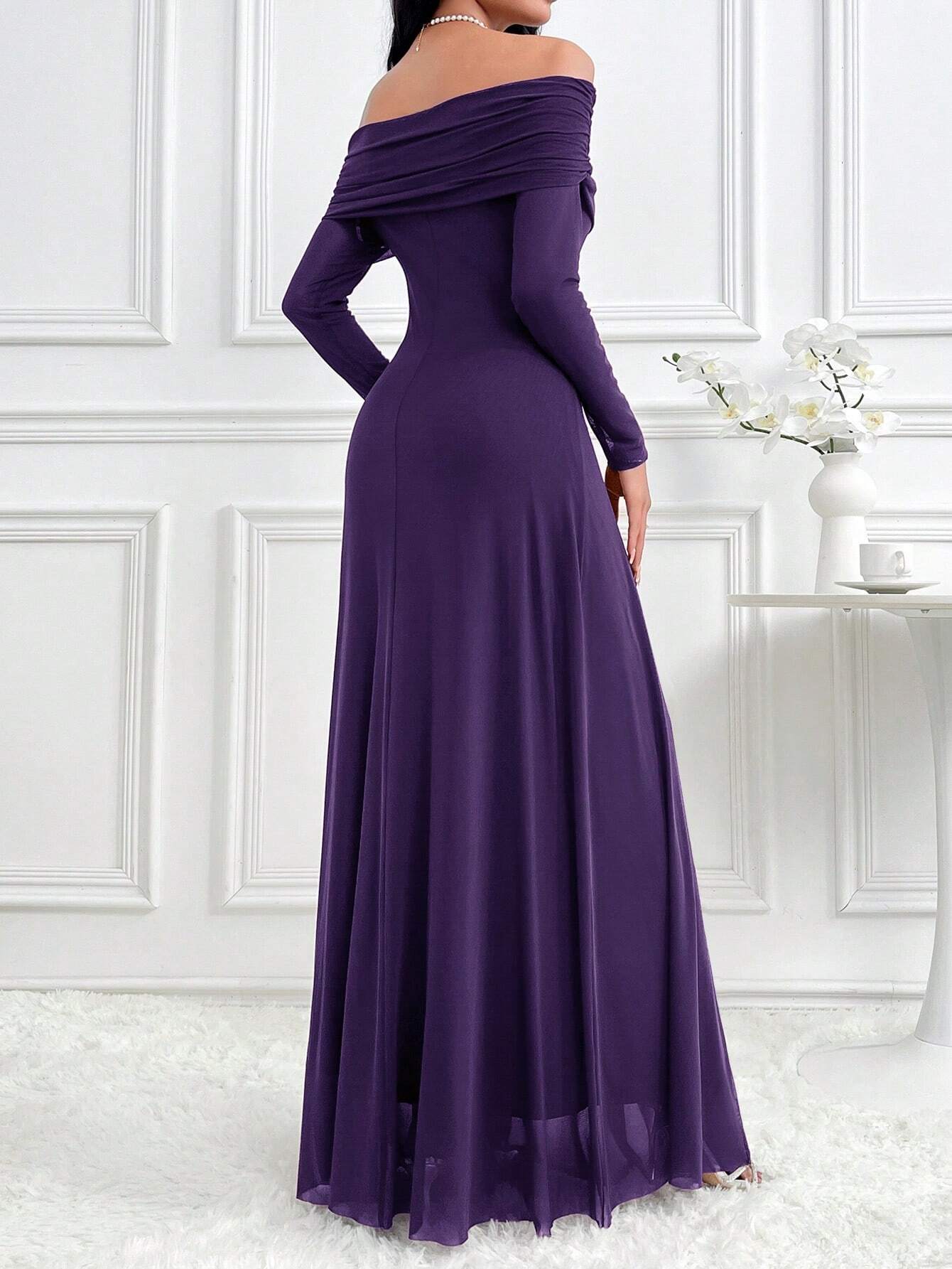 Modelyn Women's Solid Color Off Shoulder Long Sleeve Slim Fit Dress shein