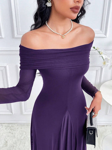 Modelyn Women's Solid Color Off Shoulder Long Sleeve Slim Fit Dress