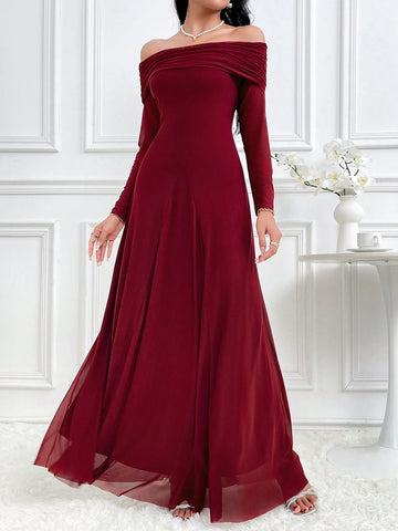 Modelyn Women's Solid Color Off Shoulder Long Sleeve Slim Fit Dress