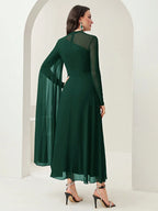 Women's Round Neck Long Sleeve Mesh Contrast Ruffle Maxi Elegant Dress shein