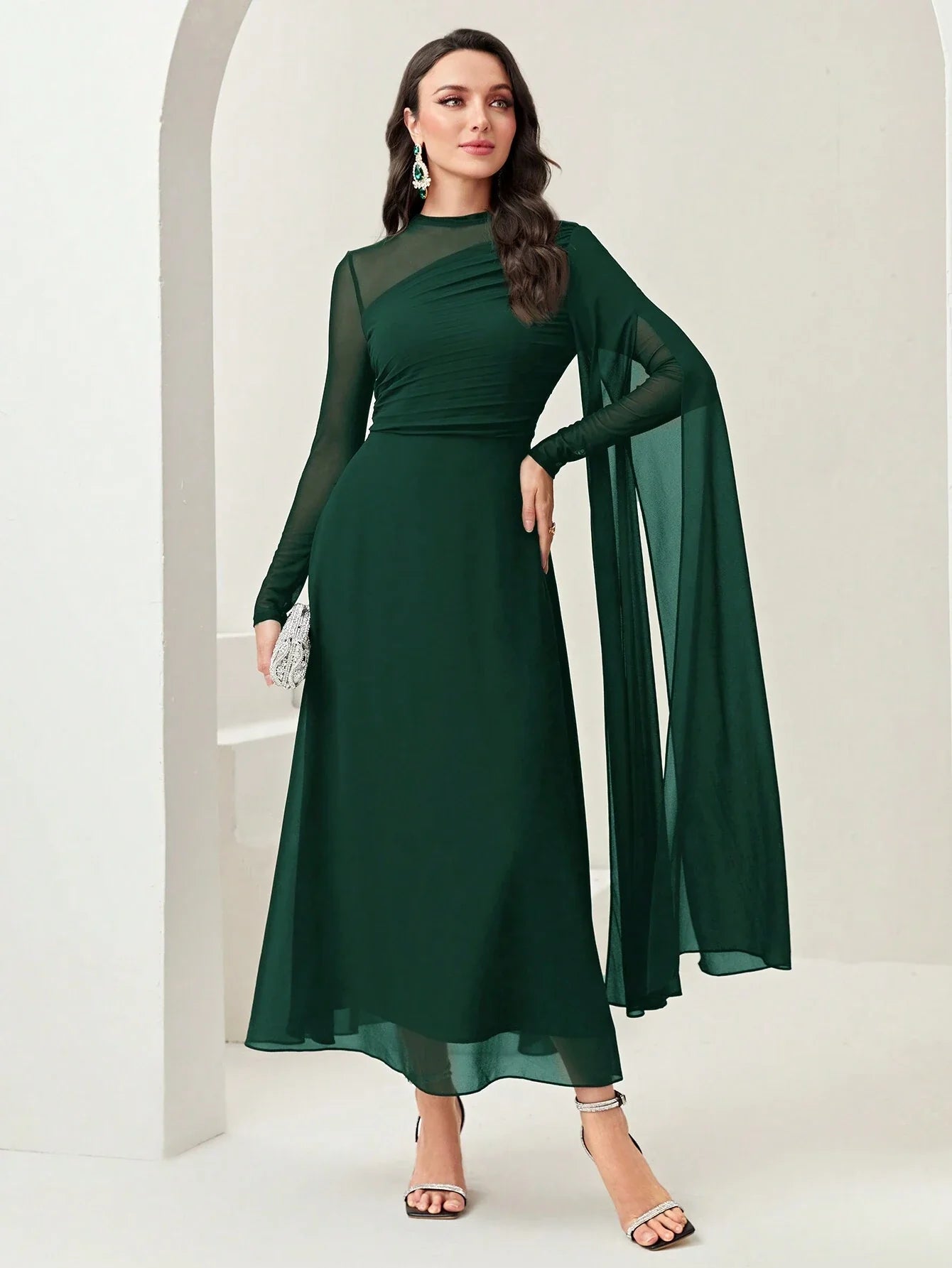Women's Round Neck Long Sleeve Mesh Contrast Ruffle Maxi Elegant Dress shein