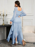 Modelyn Women's Solid Color Mesh Splicing Pleated Casual Long Dress shein