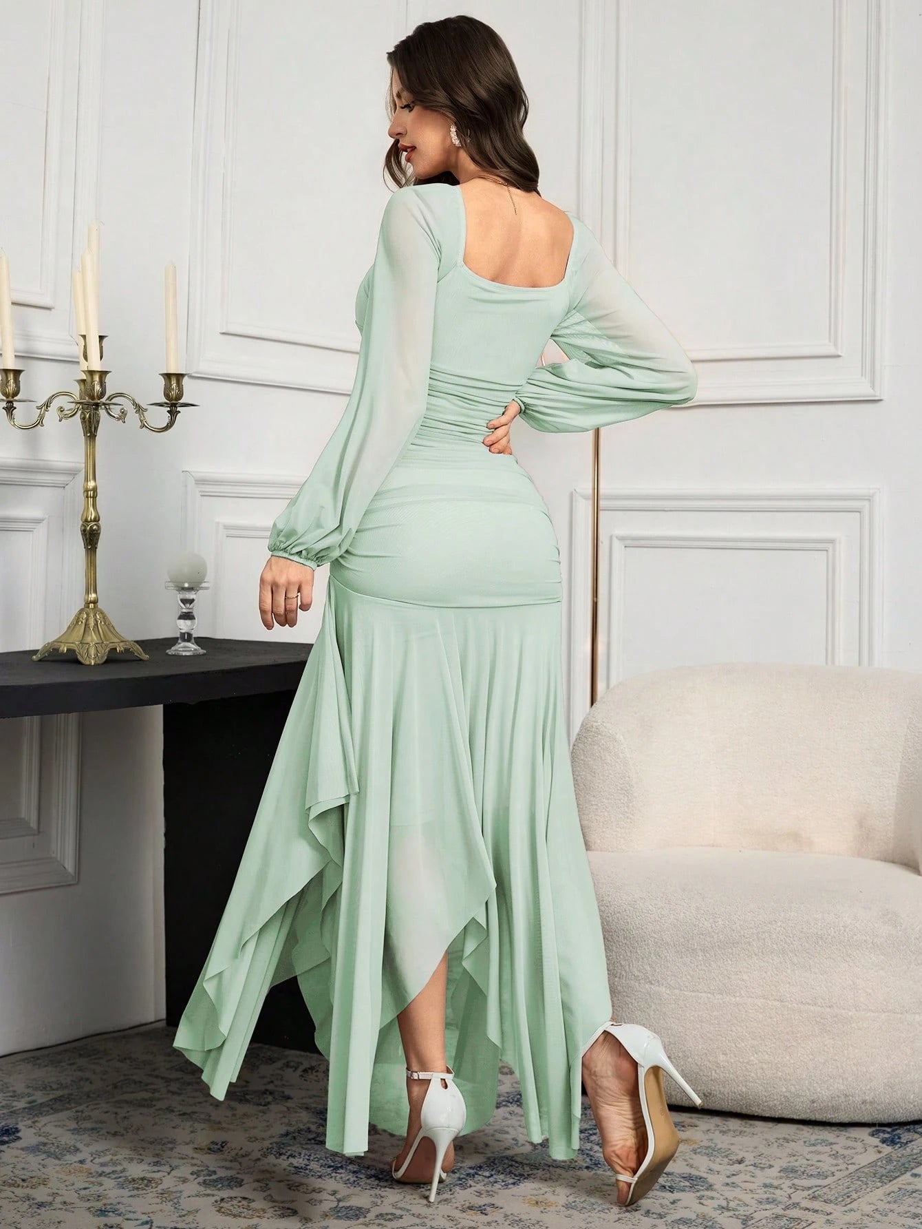 Modelyn Women's Solid Color Mesh Splicing Pleated Casual Long Dress shein
