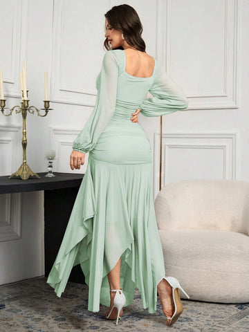 Modelyn Women's Solid Color Mesh Splicing Pleated Casual Long Dress