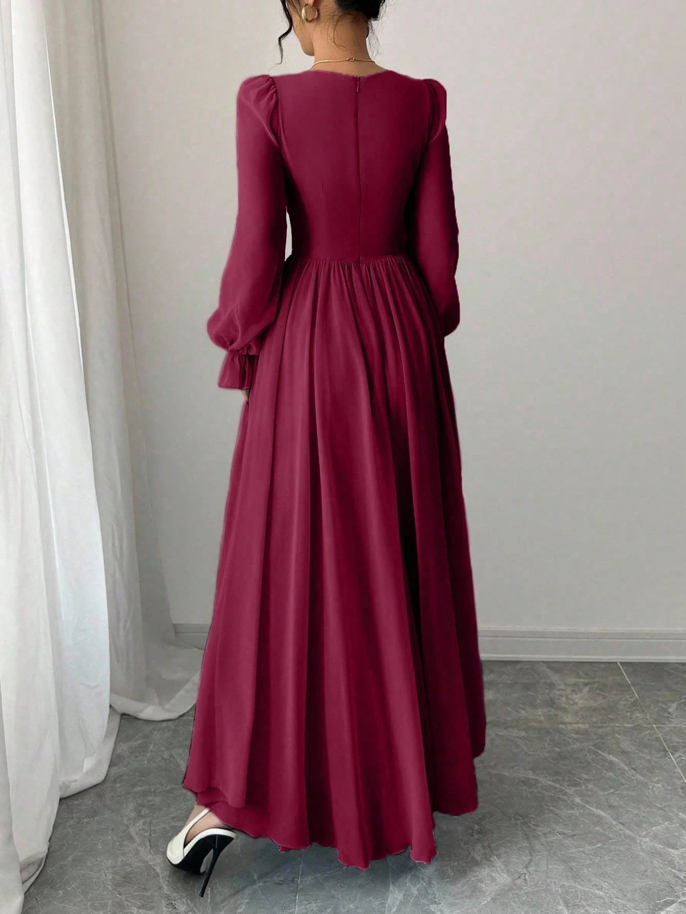 Women's Solid Color Elegant French Style High-Waist Long Sleeve Dress shein