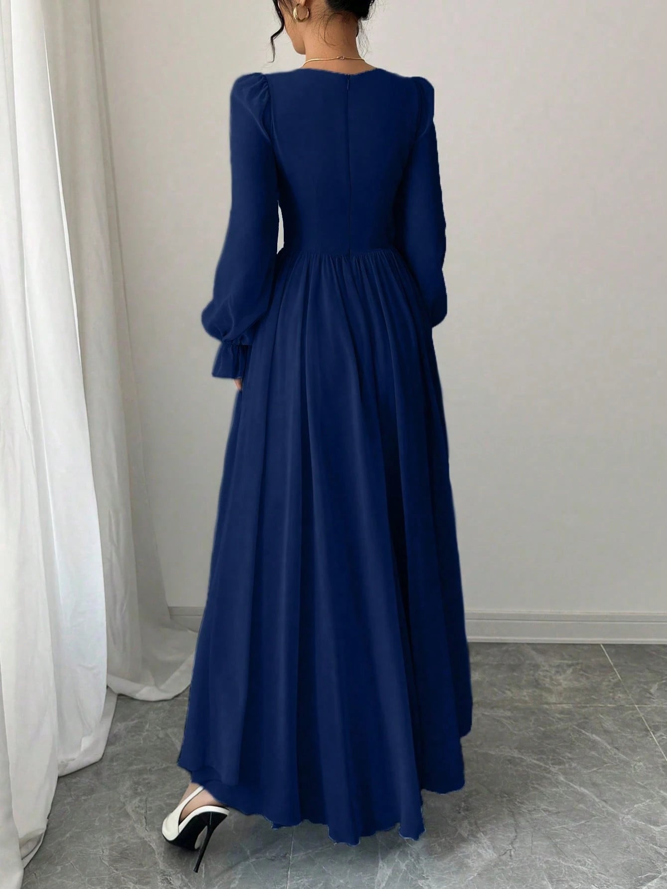 Women's Solid Color Elegant French Style High-Waist Long Sleeve Dress shein