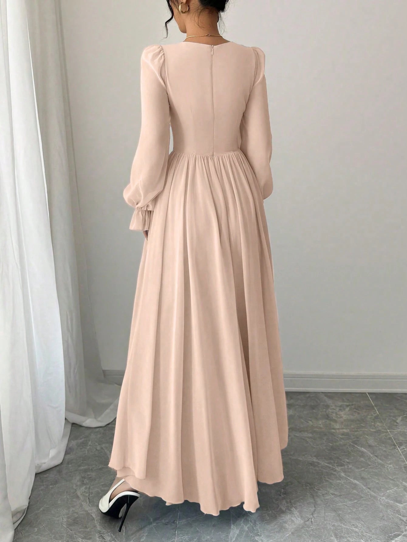 Women's Solid Color Elegant French Style High-Waist Long Sleeve Dress shein