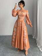 Floral Print Square Neck Lantern Sleeve Cinched Waist Flared Dress shein