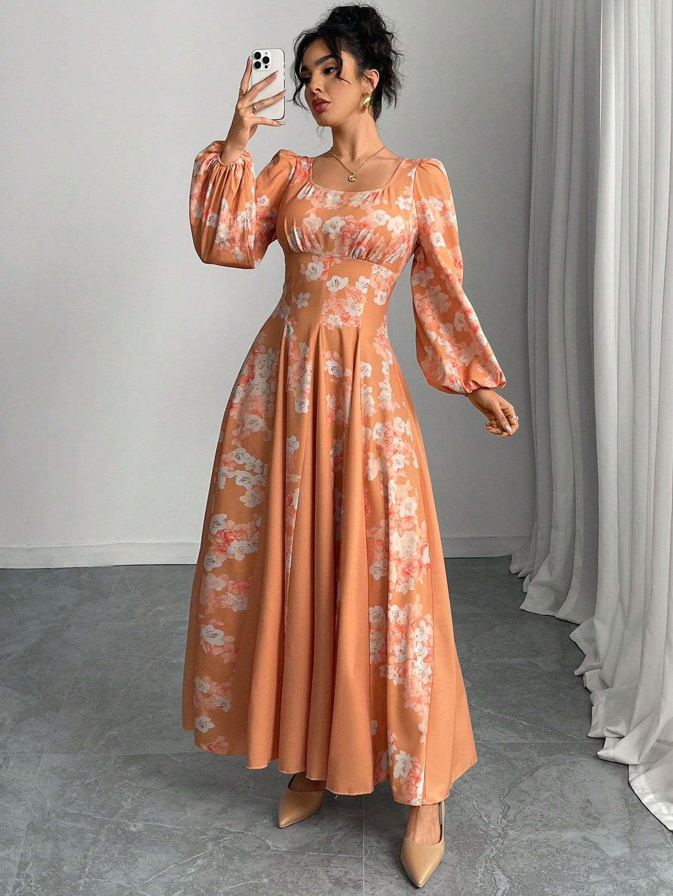 Floral Print Square Neck Lantern Sleeve Cinched Waist Flared Dress shein