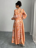 Floral Print Square Neck Lantern Sleeve Cinched Waist Flared Dress shein