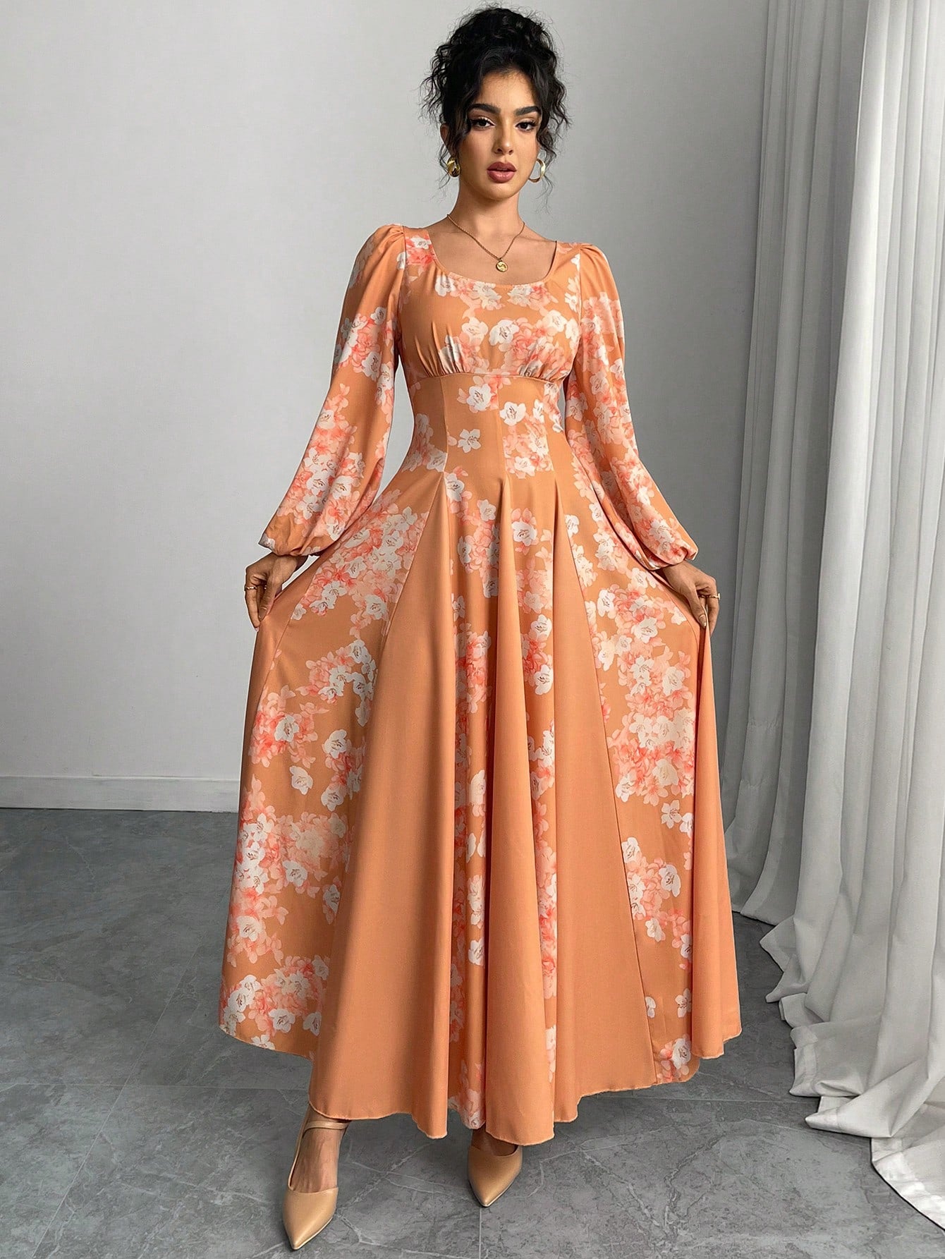 Floral Print Square Neck Lantern Sleeve Cinched Waist Flared Dress shein