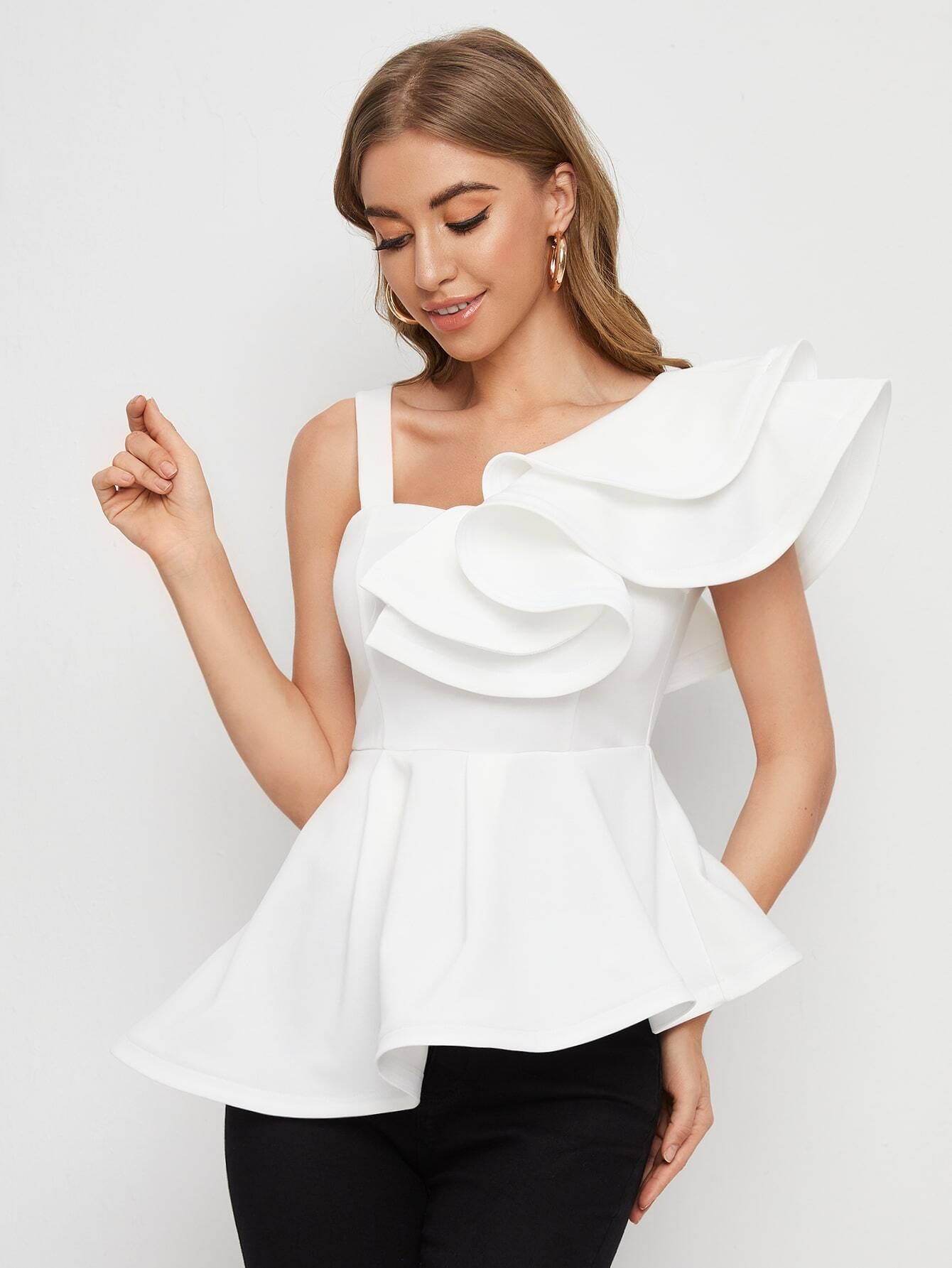 Mulvari Asymmetrical Neck Ruffle Trim Peplum Top shein