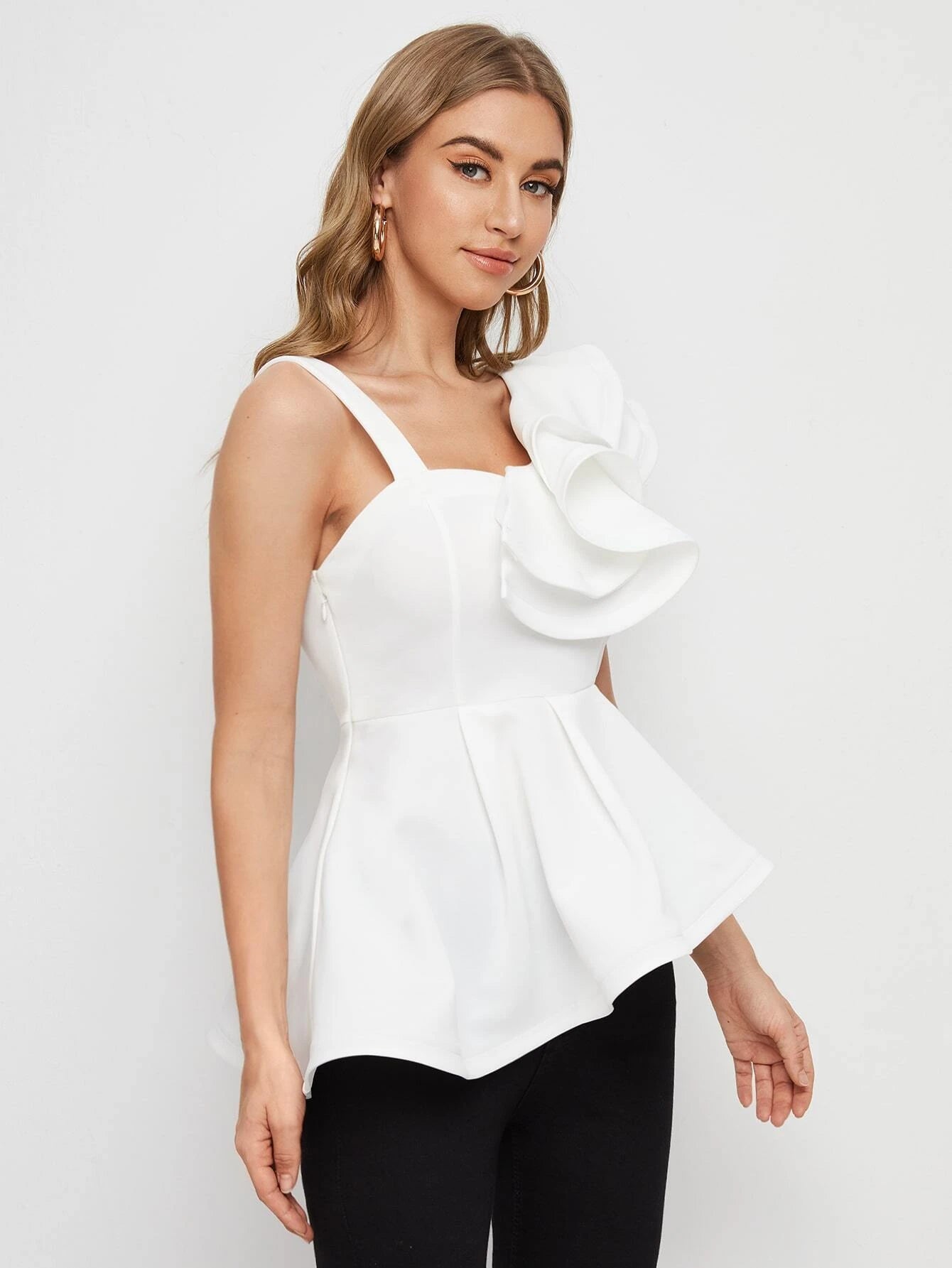 Mulvari Asymmetrical Neck Ruffle Trim Peplum Top shein