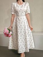 Mulvari Floral Print Round Neck Side Cross Tie Waist Dress shein