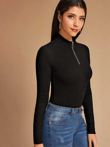 Mulvari Form-Fitting Ribbed Half-Zip Top shein