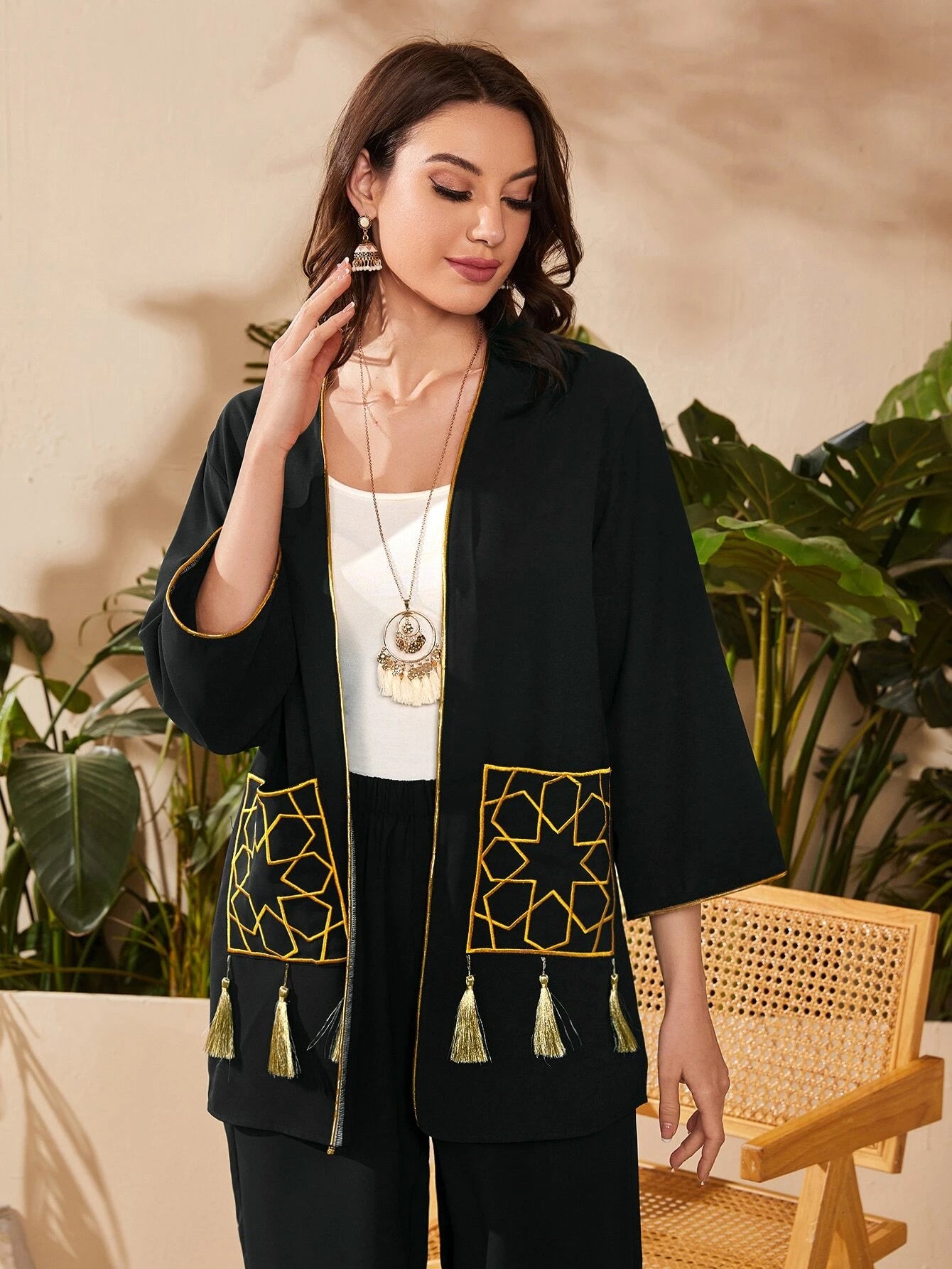 Mulvari Geo Embroidered Fringe Detail Open Front Coat & Pants shein