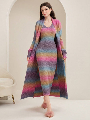 Mulvari Gradient Knitted Dress And Cardigan Two Piece Set shein