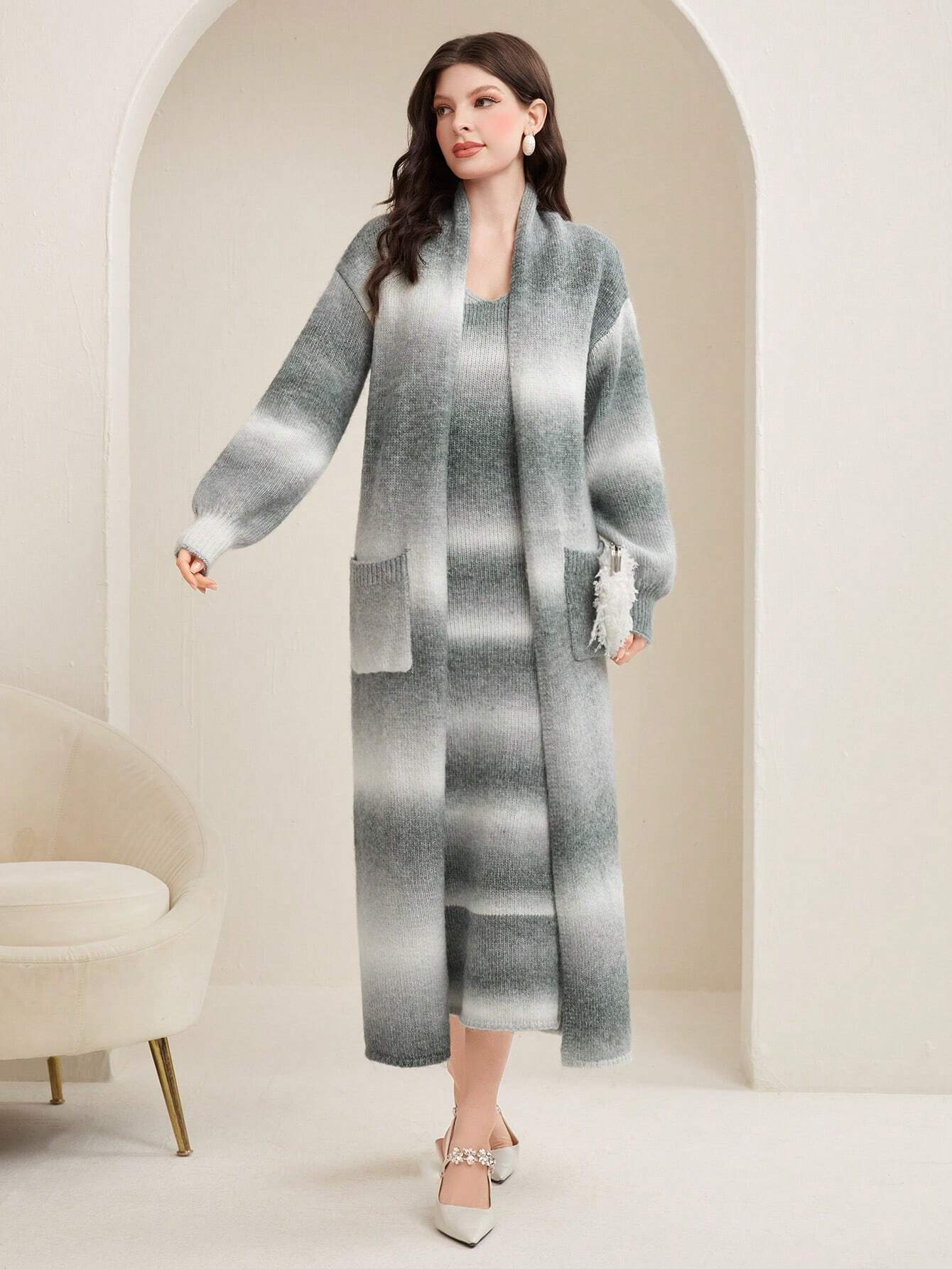 Mulvari Gradient Knitted Dress And Cardigan Two Piece Set shein