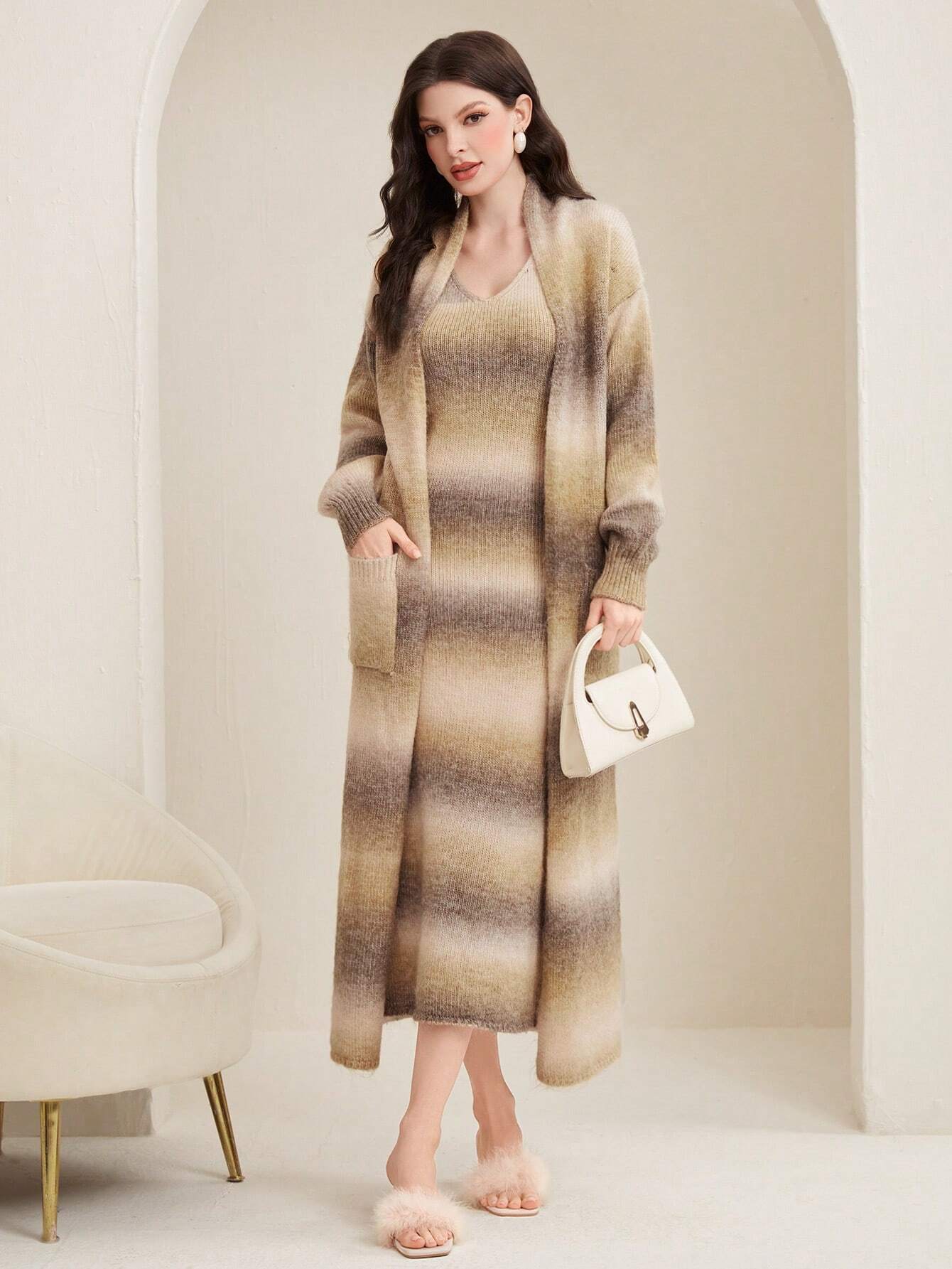 Mulvari Gradient Knitted Dress And Cardigan Two Piece Set shein