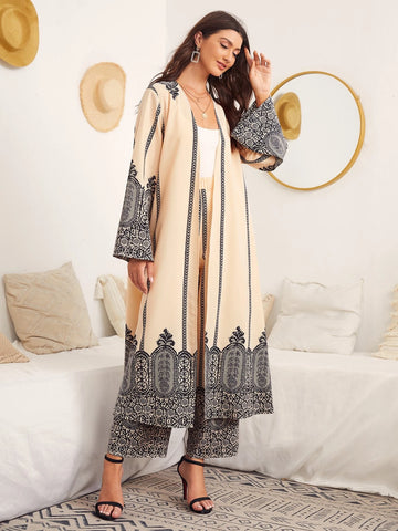 Mulvari Open Front Graphic Print Tunic Blouse and Pants Set shein