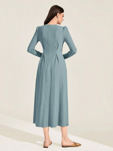 Mulvari Solid Plicated Detail Puff Sleeve A-line Dress shein