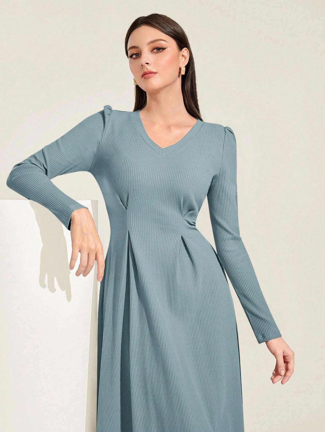 Mulvari Solid Plicated Detail Puff Sleeve A-line Dress shein