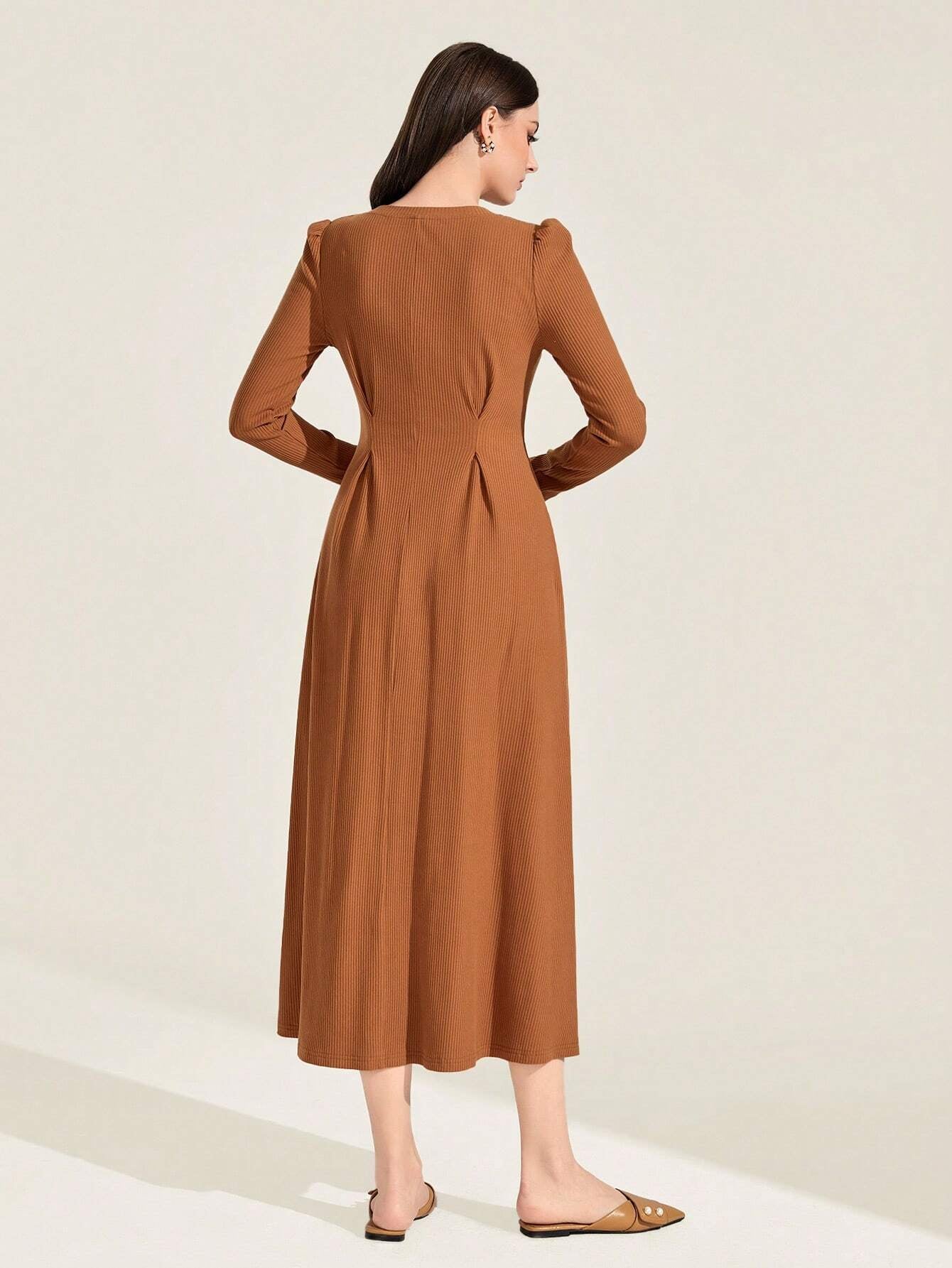 Mulvari Solid Plicated Detail Puff Sleeve A-line Dress shein