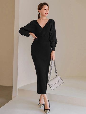 Mulvari Solid Surplice Neck Sweater Dress shein