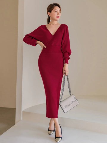 Mulvari Solid Surplice Neck Sweater Dress shein