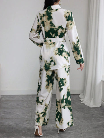 Women Tie-Dye Printed Loose Long Sleeve Shirt & Wide Leg Pants