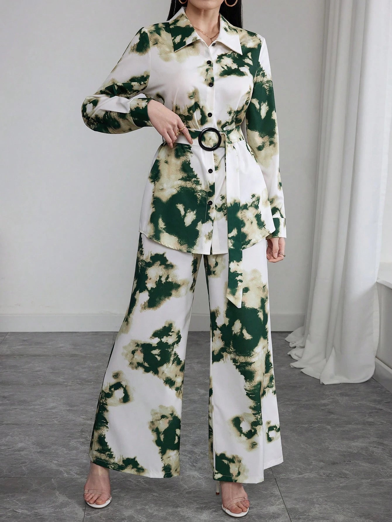 Women Tie-Dye Printed Loose Long Sleeve Shirt & Wide Leg Pants shein