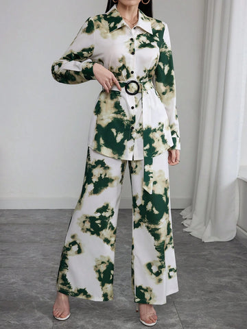 Women Tie-Dye Printed Loose Long Sleeve Shirt & Wide Leg Pants