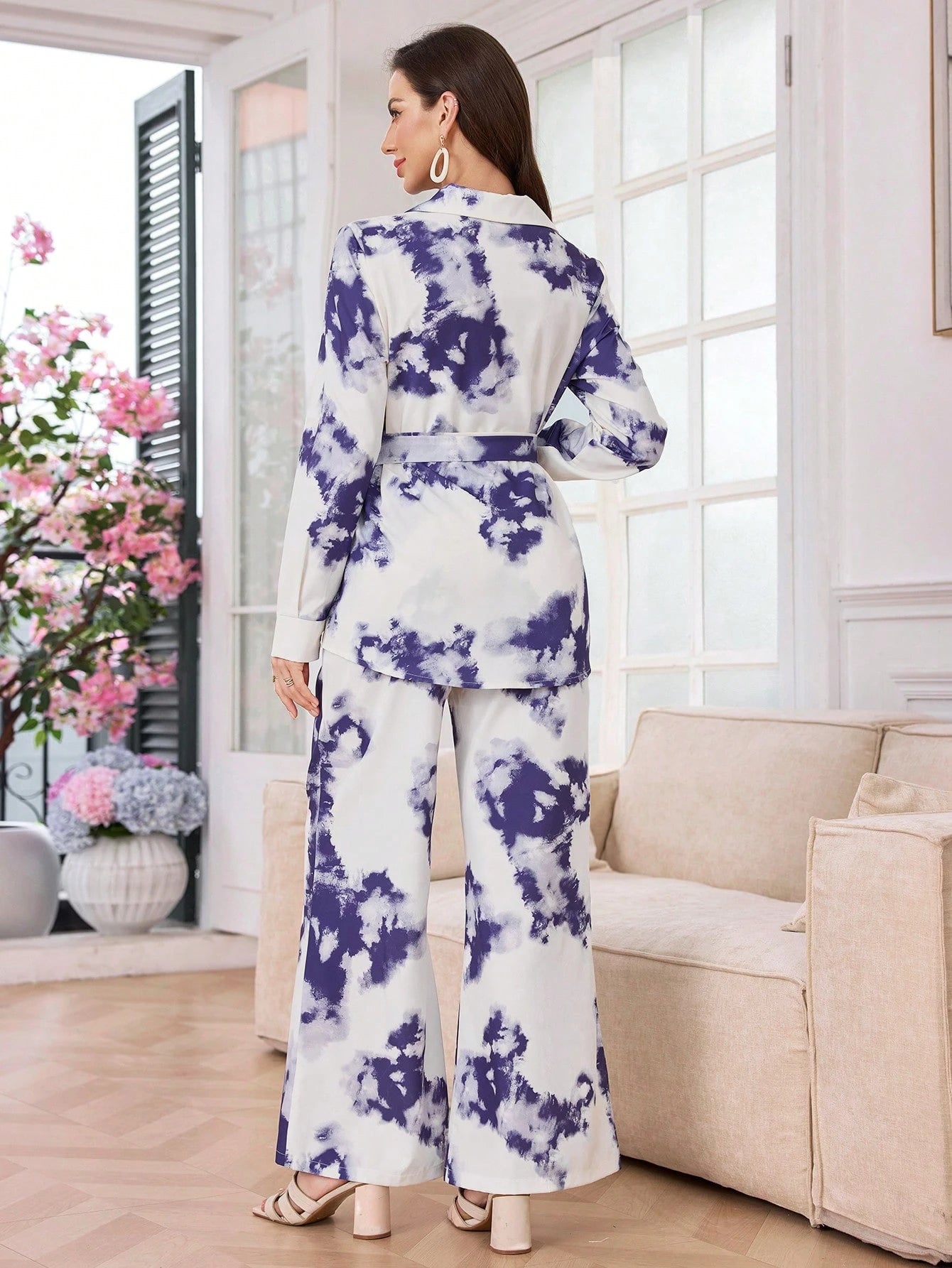 Women Tie-Dye Printed Loose Long Sleeve Shirt & Wide Leg Pants shein