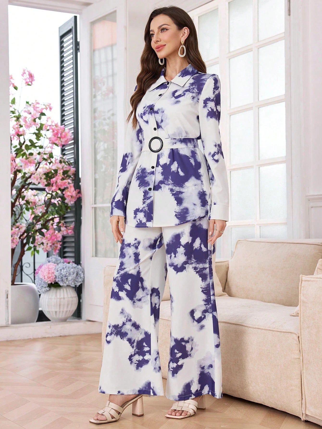 Women Tie-Dye Printed Loose Long Sleeve Shirt & Wide Leg Pants shein