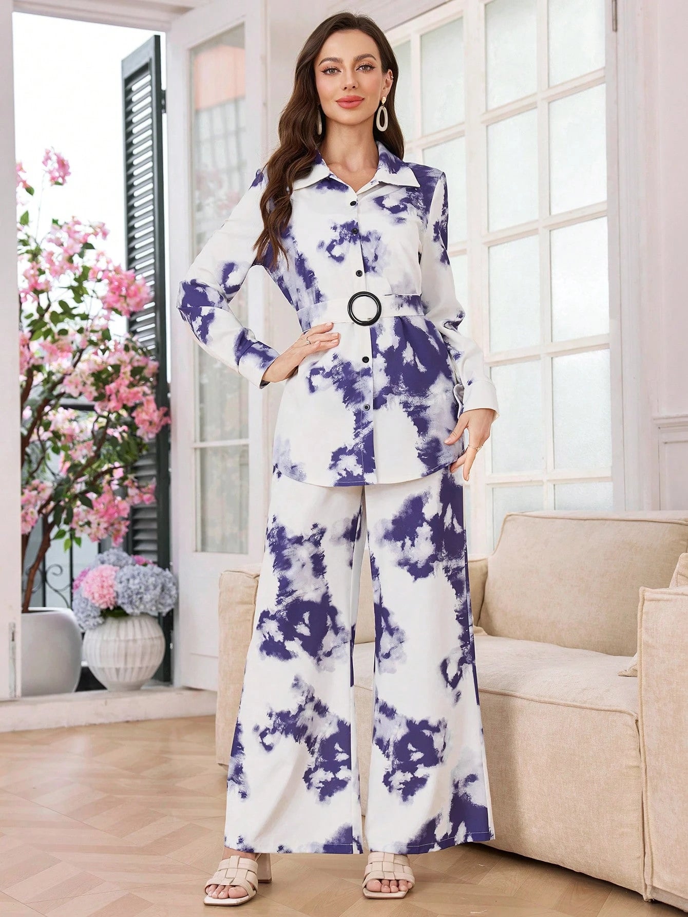 Women Tie-Dye Printed Loose Long Sleeve Shirt & Wide Leg Pants shein