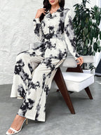 Women Tie-Dye Printed Loose Long Sleeve Shirt & Wide Leg Pants shein