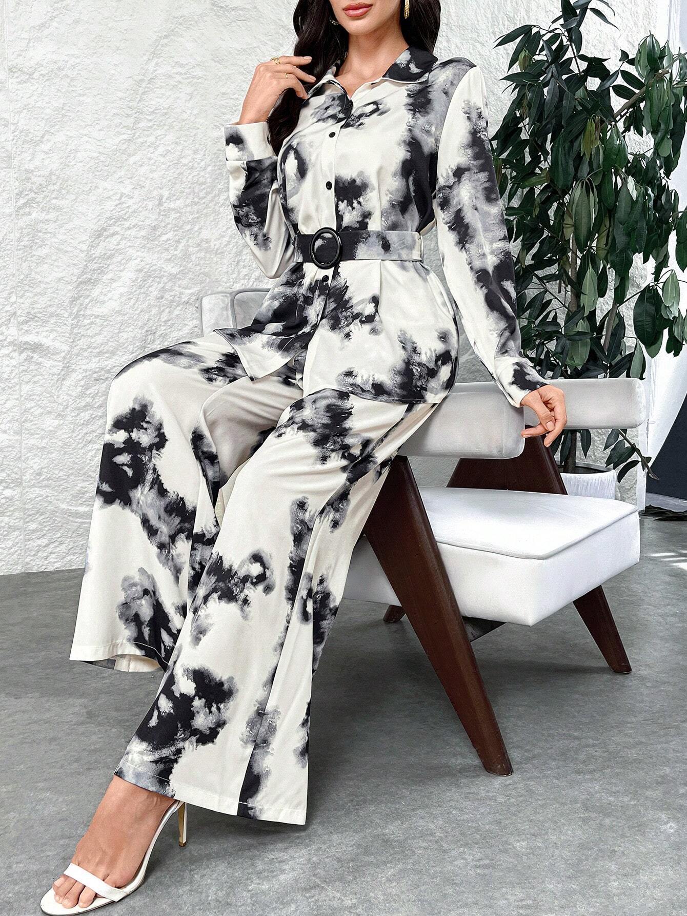Women Tie-Dye Printed Loose Long Sleeve Shirt & Wide Leg Pants shein