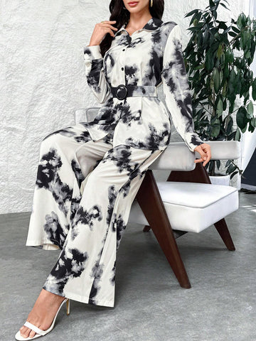 Women Tie-Dye Printed Loose Long Sleeve Shirt & Wide Leg Pants