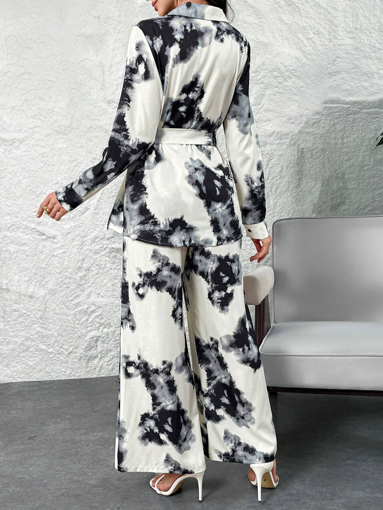 Women Tie-Dye Printed Loose Long Sleeve Shirt & Wide Leg Pants shein